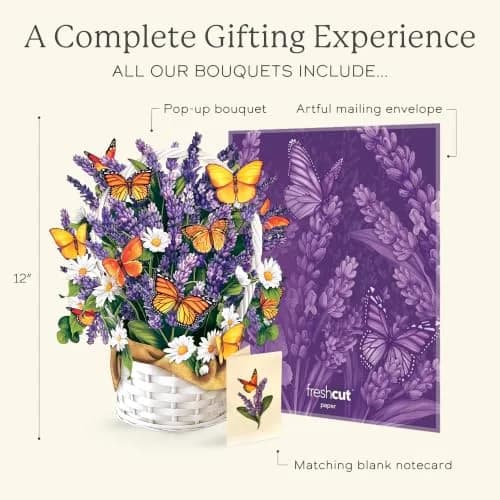 Freshcut Paper Lavender & Butterflies Pop Up Card 12 Inch Forever Flower Bouquet | Biodegradable & Reusable thumbnail 4