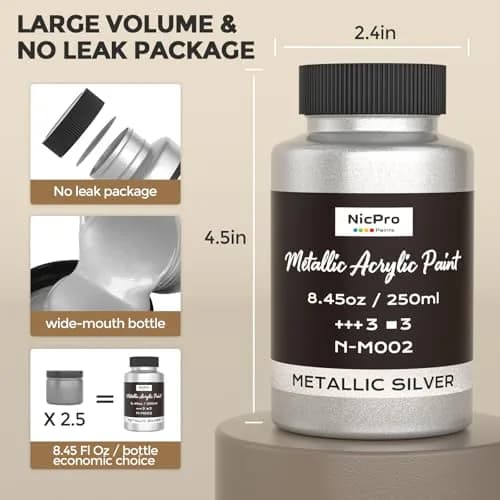 Nicpro Metallic Silver Acrylic Paint 8.45oz | Bright, Shiny Finish for Art & Crafts thumbnail 7