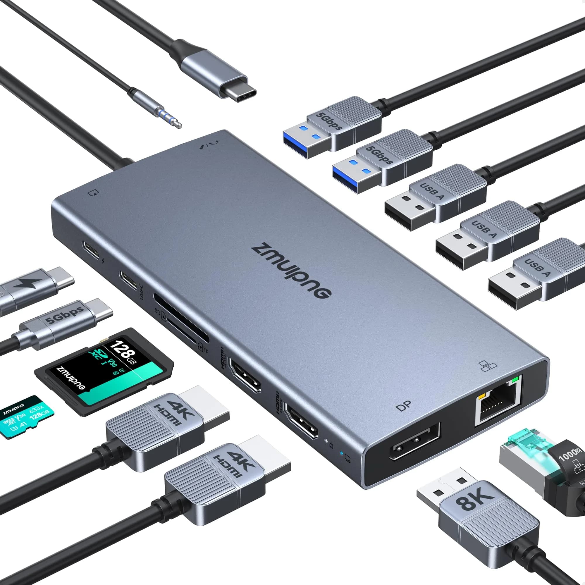 ZMUIPNG USB C Docking Station Dual Monitor 15 in 1 | 2 HDMI 4K DP 8K, 100W PD, Ethernet, Audio, USB Hub