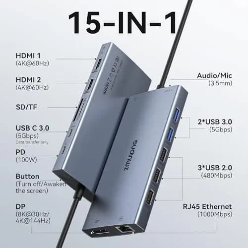 ZMUIPNG USB C Docking Station Dual Monitor 15 in 1 | 2 HDMI 4K DP 8K, 100W PD, Ethernet, Audio, USB Hub thumbnail 2