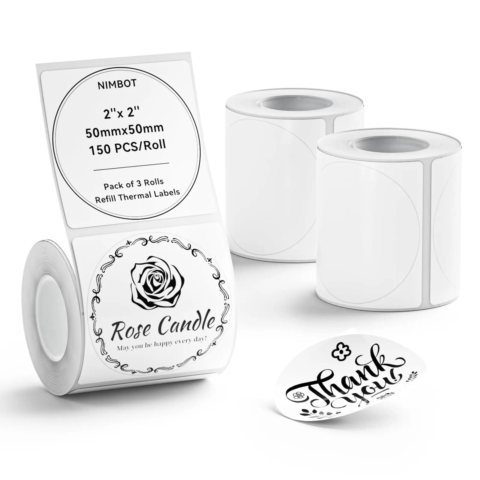 NIIMBOT 3 Rolls Set Labels 50mm x 50mm (1.97" x 1.97") Round Waterproof Thermal Labels | Black on White, 450 Labels Total