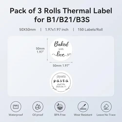 NIIMBOT 3 Rolls Set Labels 50mm x 50mm (1.97" x 1.97") Round Waterproof Thermal Labels | Black on White, 450 Labels Total thumbnail 4
