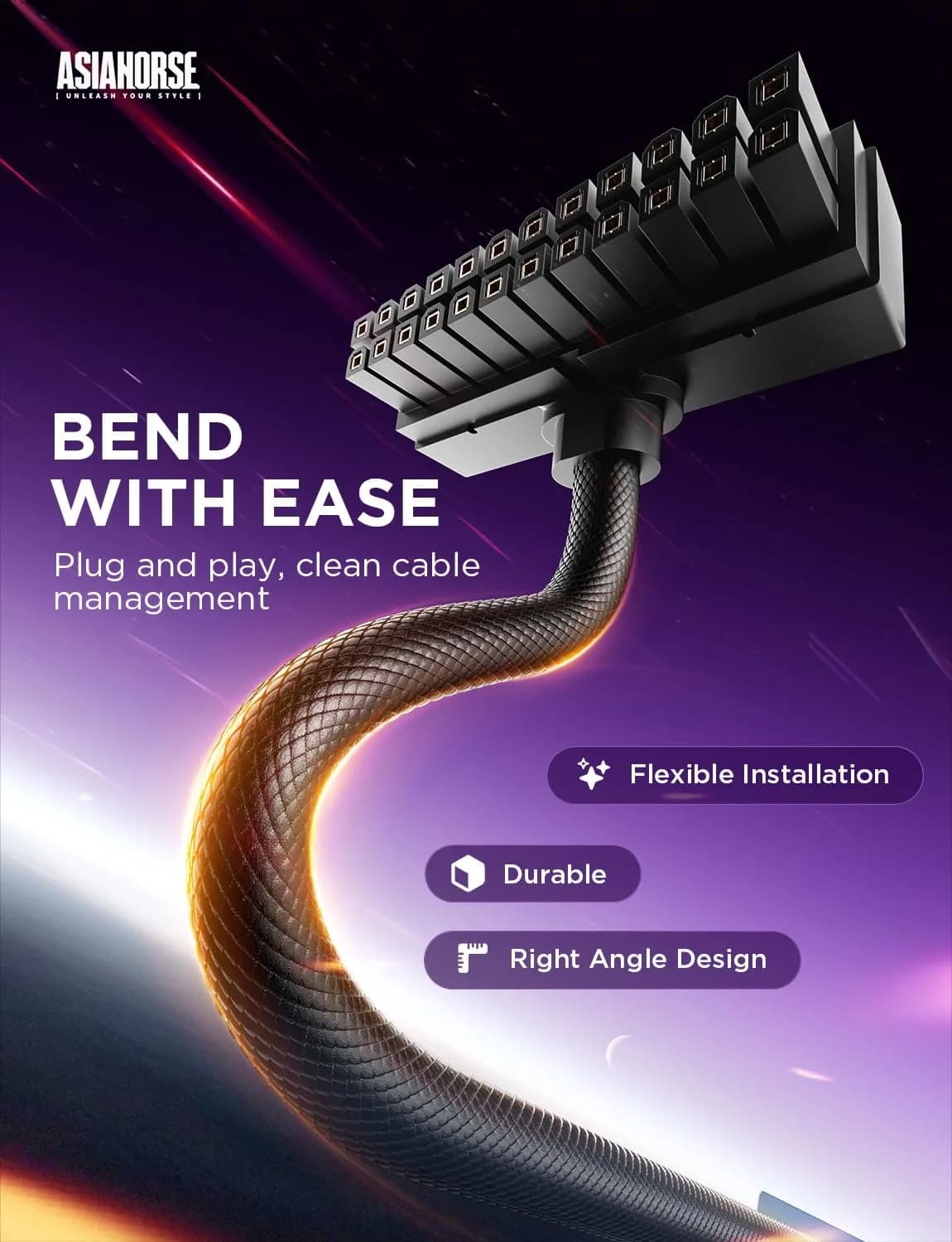 AsiaHorse Hydrus-24PIN PC PSU Extension Cable ARGB LED 30cm | Copper Wire Motherboard Power Extension thumbnail 4