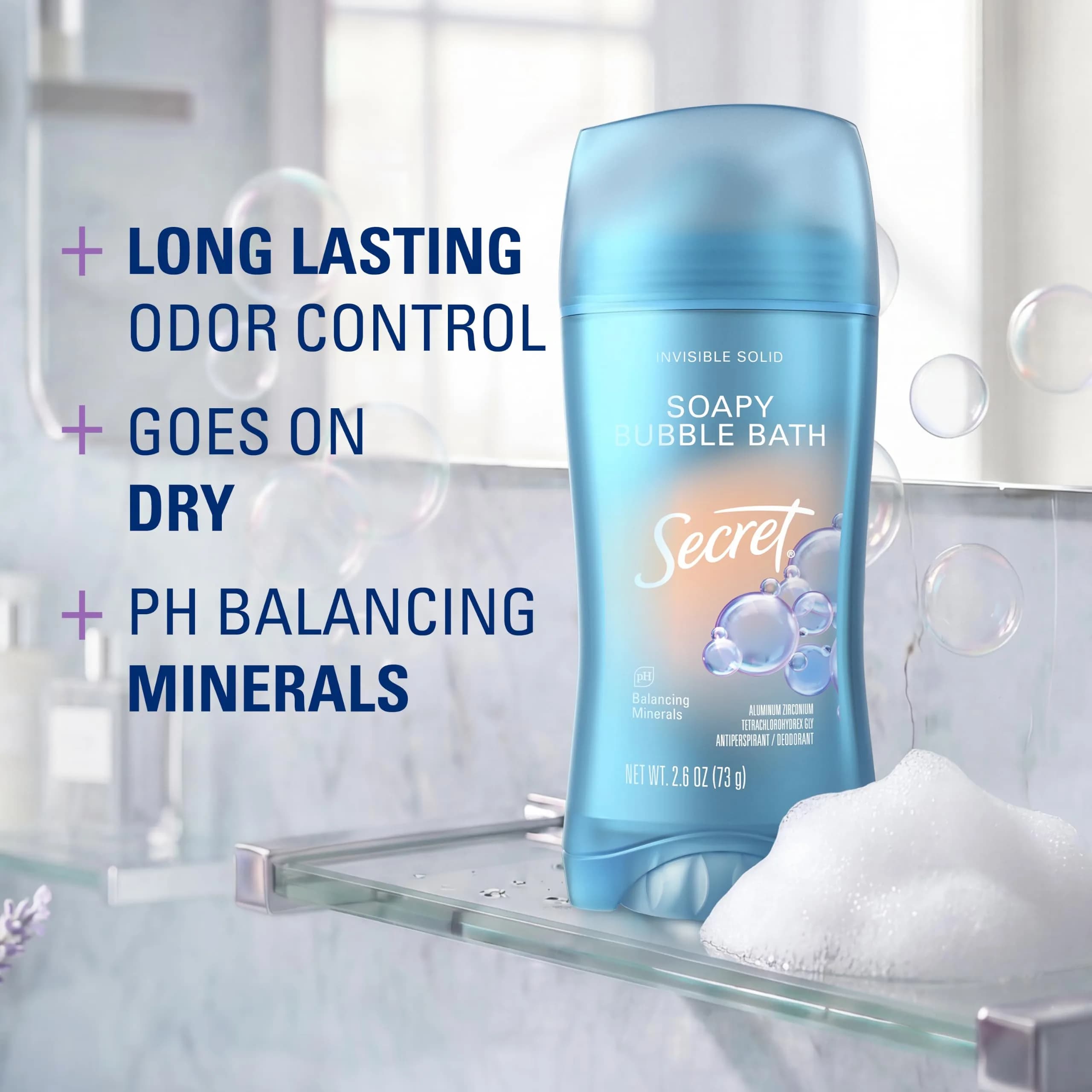 Secret Fresh Antiperspirant Deodorant for Women, Soapy Bubble Bath Scent, 72hr Protection, 77g (2.6 oz) - view 2