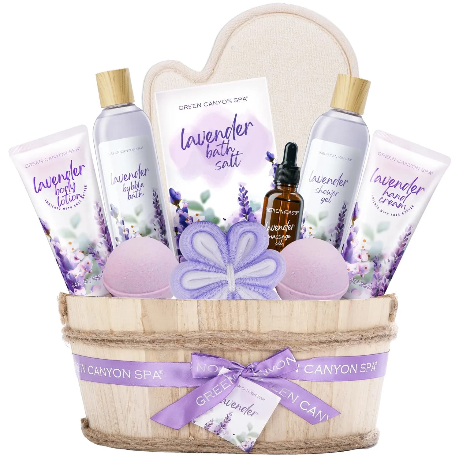 Green Canyon Spa 10pc Cotton Spa Gift Baskets for Women | Complete Spa Experience Set — Lavender