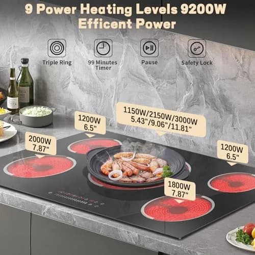 Jessier 36 Inch 5-Burner Electric Cooktop 9200W 220-240V | Slide-Touch Control with Timer & Safety Lock thumbnail 4
