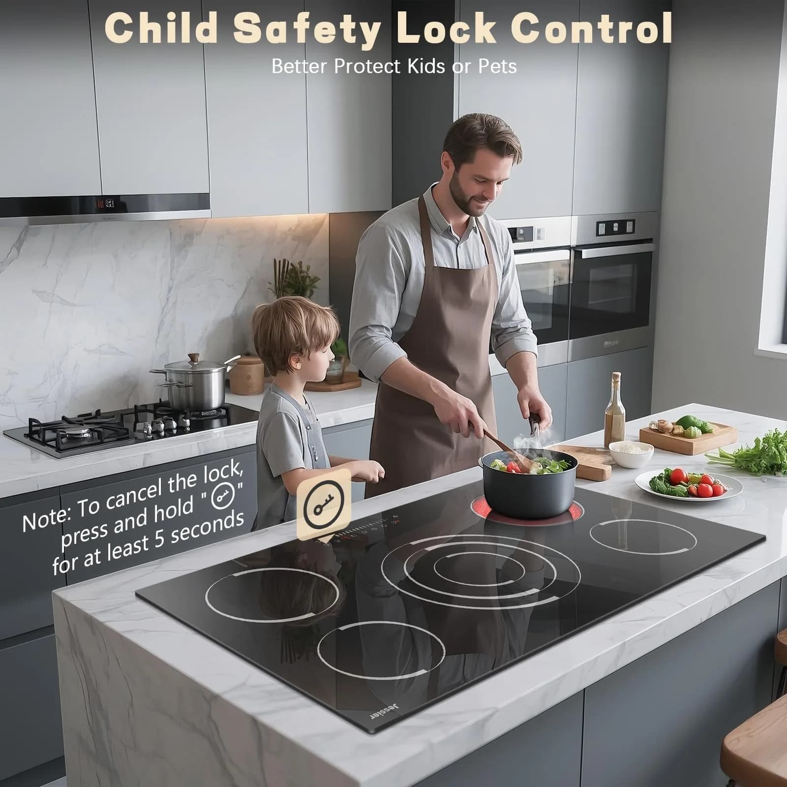Jessier 36 Inch 5-Burner Electric Cooktop 9200W 220-240V | Slide-Touch Control with Timer & Safety Lock - view 5