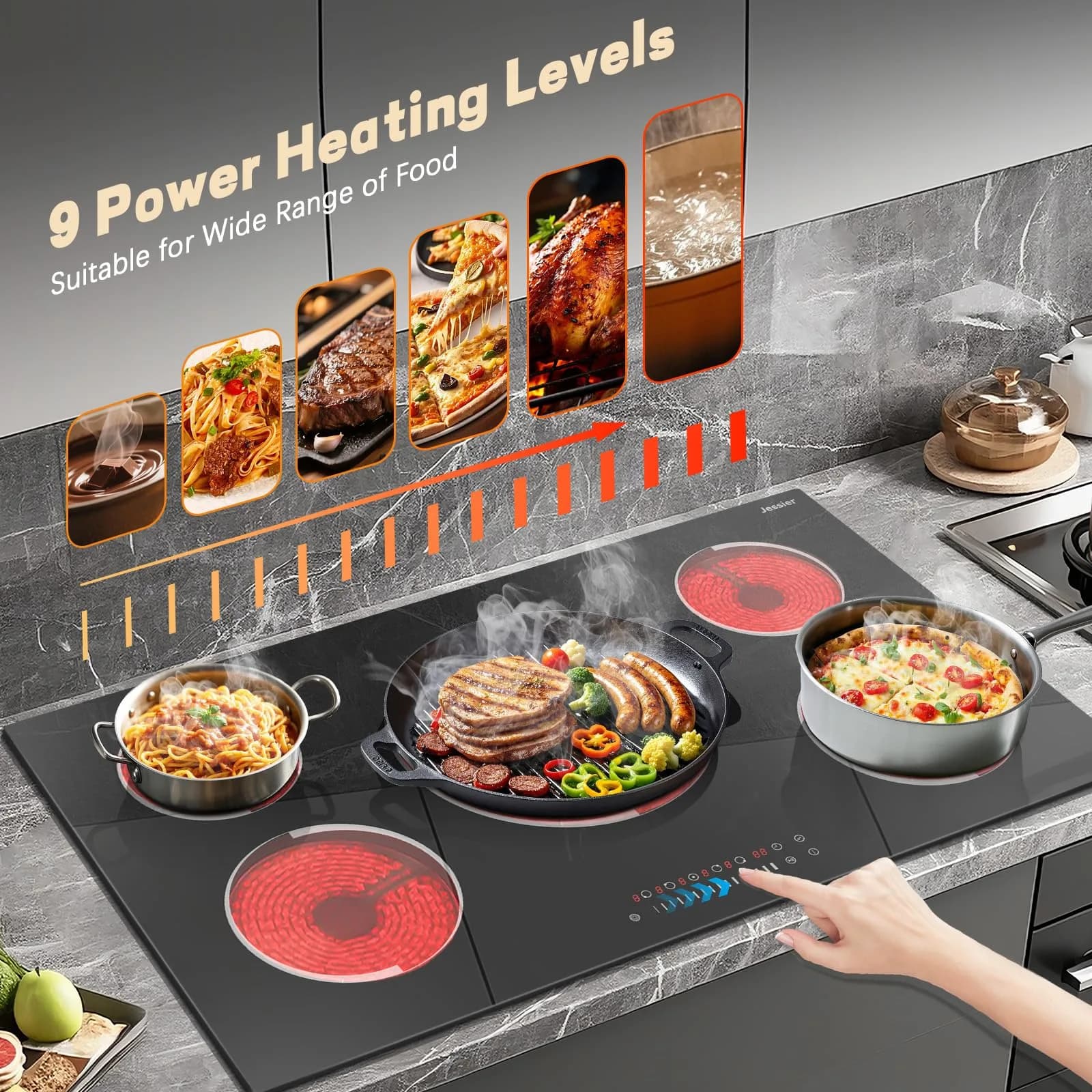 Jessier 36 Inch 5-Zone Touch Control Electric Cooktop with Dual Ring & Timer - 220-240v - view 2