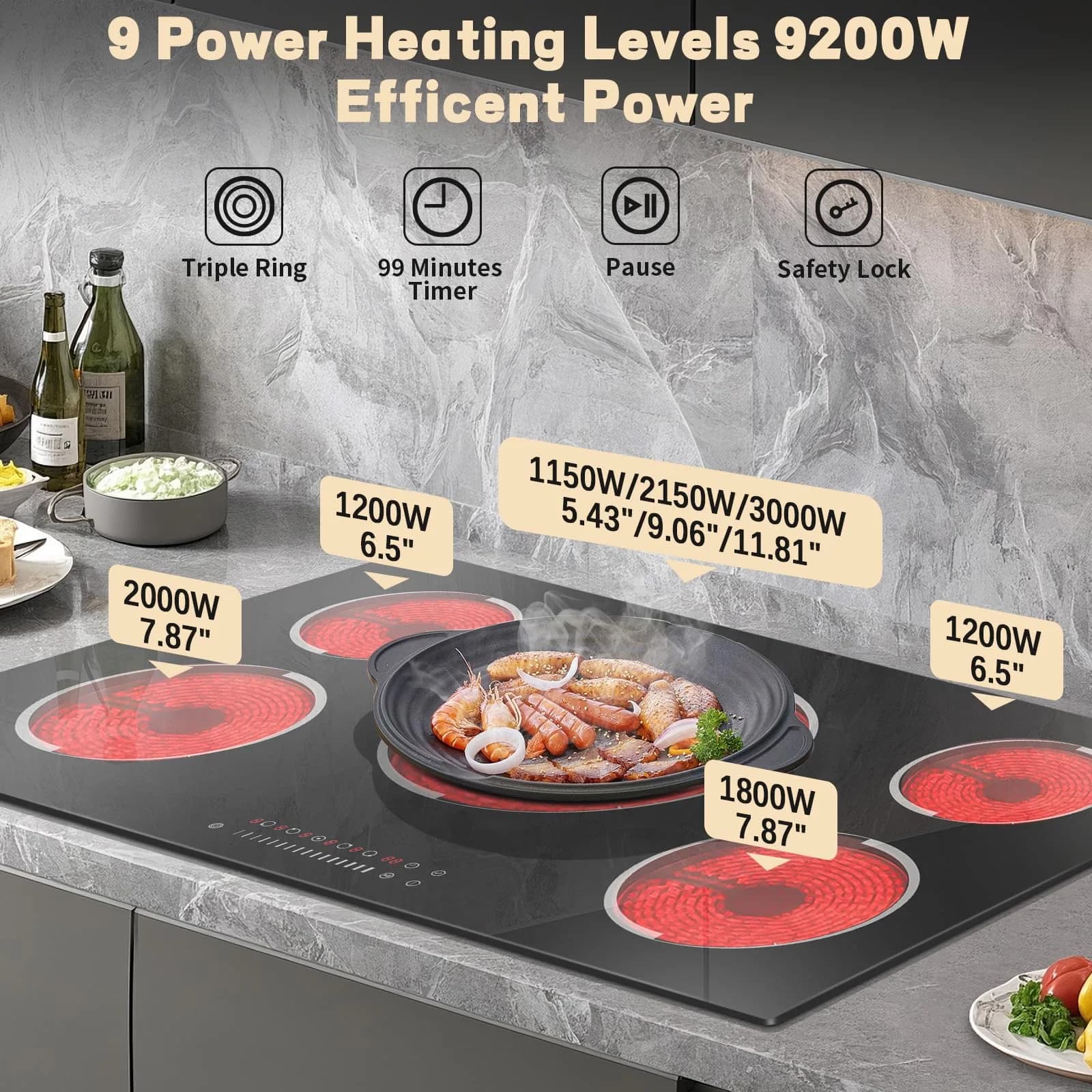 Jessier 36 Inch 5-Zone Touch Control Electric Cooktop with Dual Ring & Timer - 220-240v - view 4