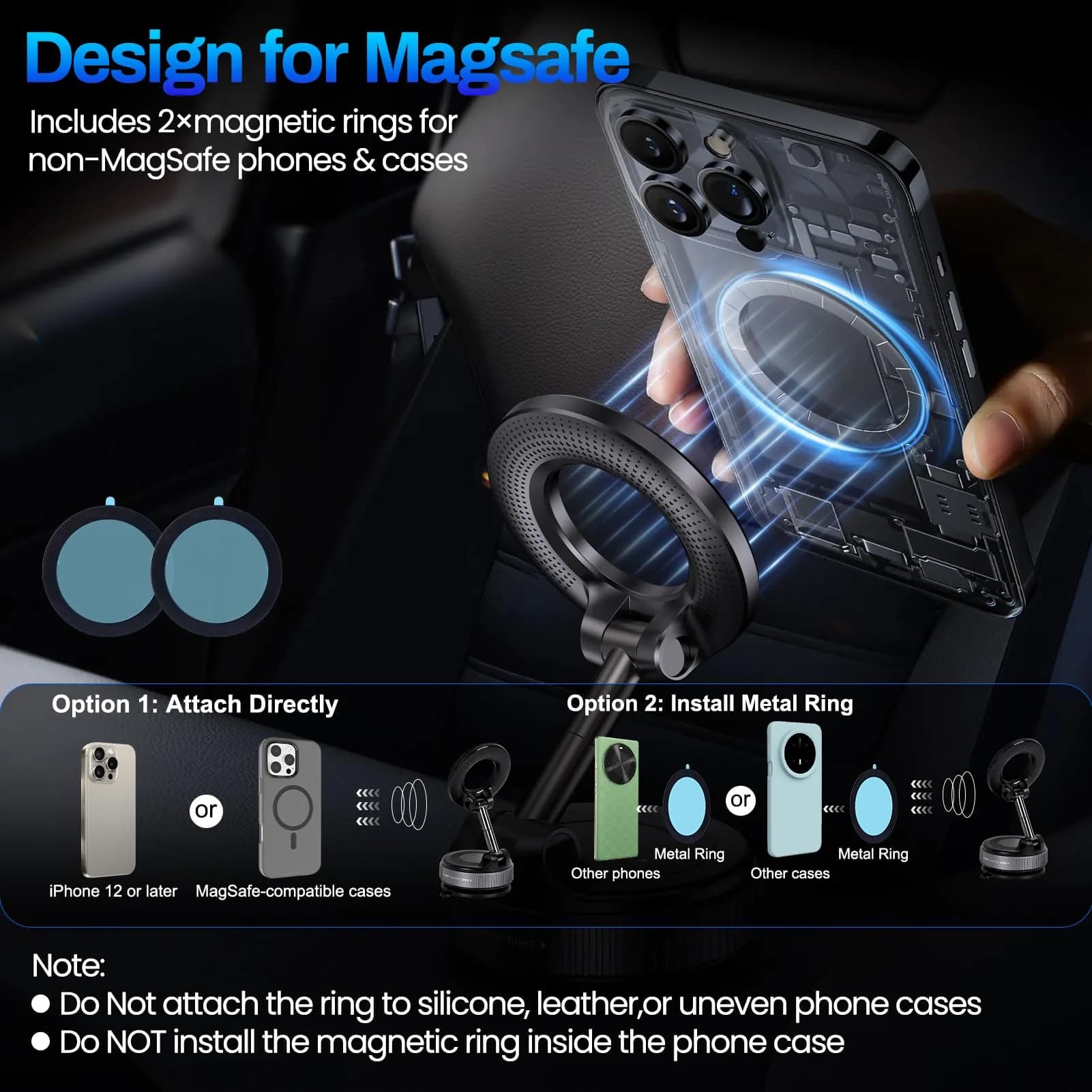 Jikasho Magnetic Phone Holder for Car | Suction Cup MagSafe Mount, 360° Adjustable, Washable Gel Base, Black - view 6