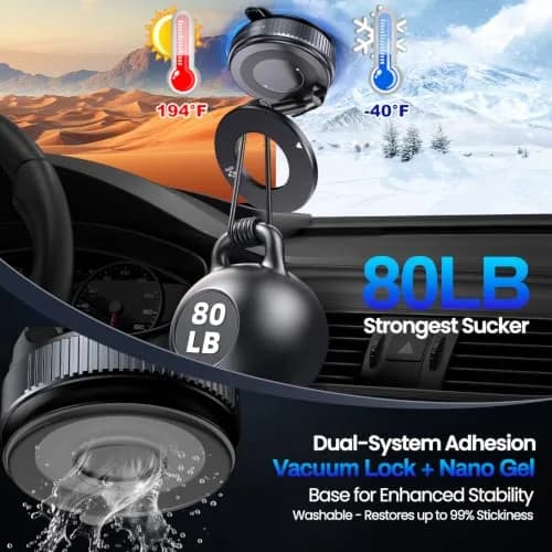Jikasho Magnetic Phone Holder for Car | Suction Cup MagSafe Mount, 360° Adjustable, Washable Gel Base, Black thumbnail 3