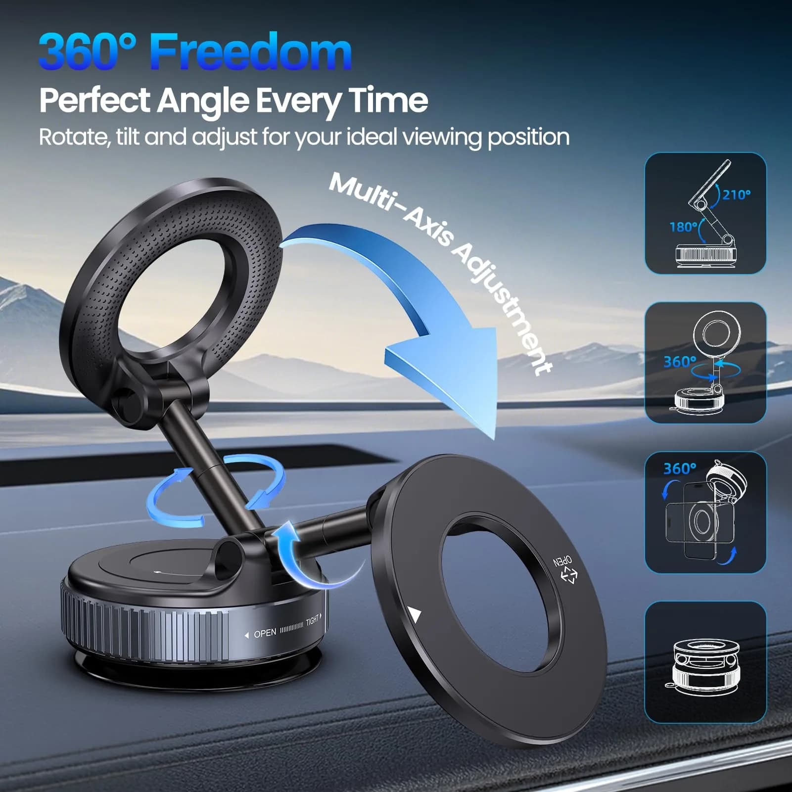 Jikasho Magnetic Phone Holder for Car | Suction Cup MagSafe Mount, 360° Adjustable, Washable Gel Base, Black - view 4