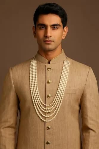 I Jewels 5 Layered Indian Wedding Bollywood Gold Plated Dulha Moti Mala Maharaja Haar for Men (Style 2) | Traditional Groom Necklace thumbnail 3
