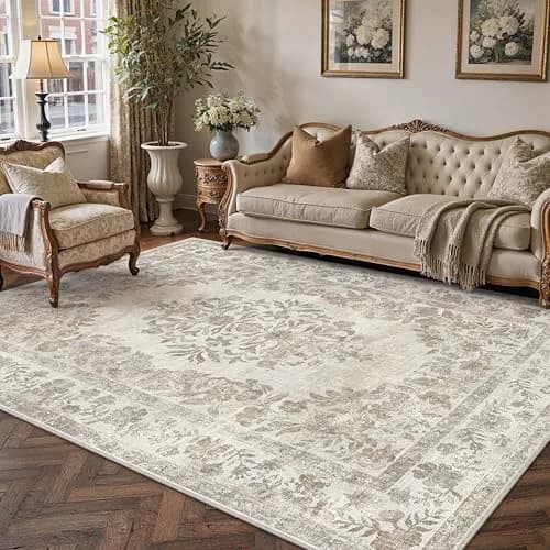 PureCozy 5x7 Washable Area Rug Cream Beige | Vintage Floral, Non Slip, Kid & Pet Friendly thumbnail 1