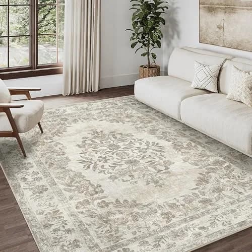 PureCozy 5x7 Washable Area Rug Cream Beige | Vintage Floral, Non Slip, Kid & Pet Friendly thumbnail 4