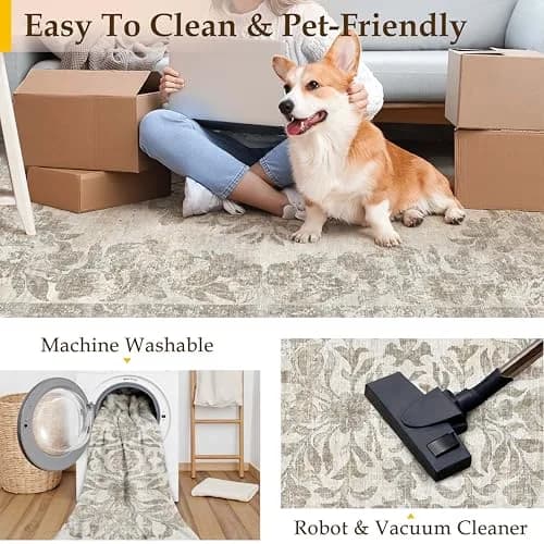 PureCozy 5x7 Washable Area Rug Cream Beige | Vintage Floral, Non Slip, Kid & Pet Friendly thumbnail 6