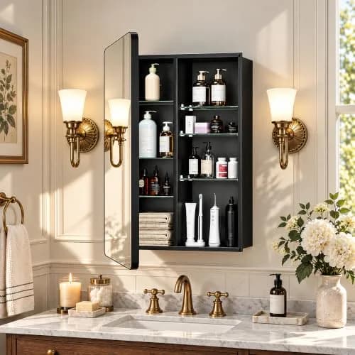 GoTiling Bathroom Medicine Cabinet with Mirror, 20x30 Inch | Recessed or Surface Mount, Adjustable Shelves, Matte Black thumbnail 1