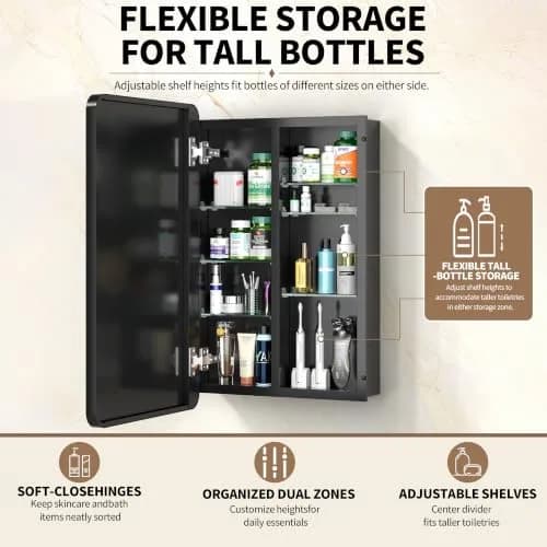 GoTiling Bathroom Medicine Cabinet with Mirror, 20x30 Inch | Recessed or Surface Mount, Adjustable Shelves, Matte Black thumbnail 3