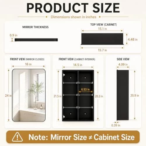 GoTiling 16x24 Black Medicine Cabinet with Mirror | Recessed & Surface Mount, Modern Design thumbnail 6