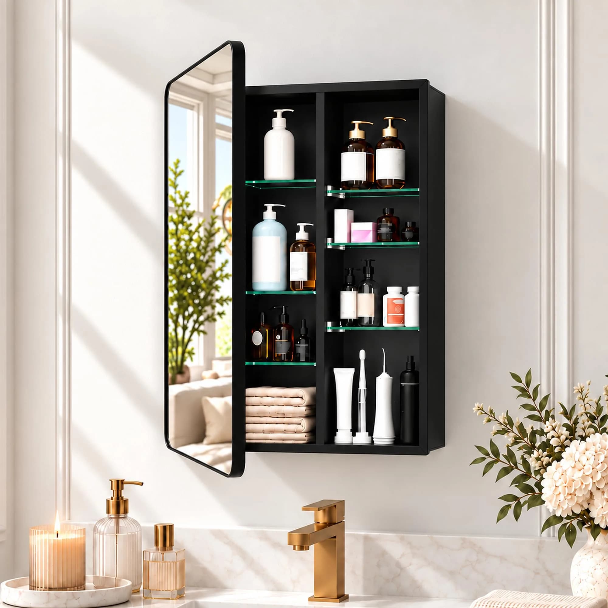 GoTiling 16x24 Black Medicine Cabinet with Mirror | Recessed & Surface Mount, Modern Design