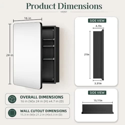 GoTiling 16x24 Black Medicine Cabinet with Mirror | Recessed & Surface Mount, Modern Design thumbnail 2