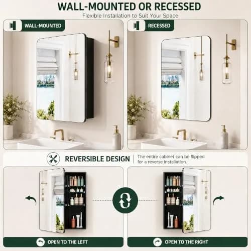 GoTiling 20x26 Black Medicine Cabinet with Mirror | Recessed & Surface Mount, Modern Design thumbnail 5