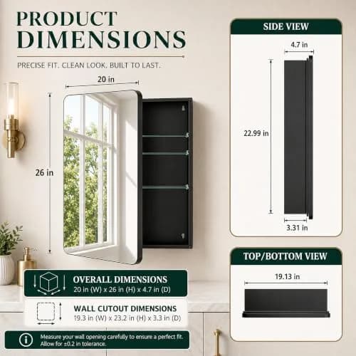 GoTiling 20x26 Black Medicine Cabinet with Mirror | Recessed & Surface Mount, Modern Design thumbnail 2