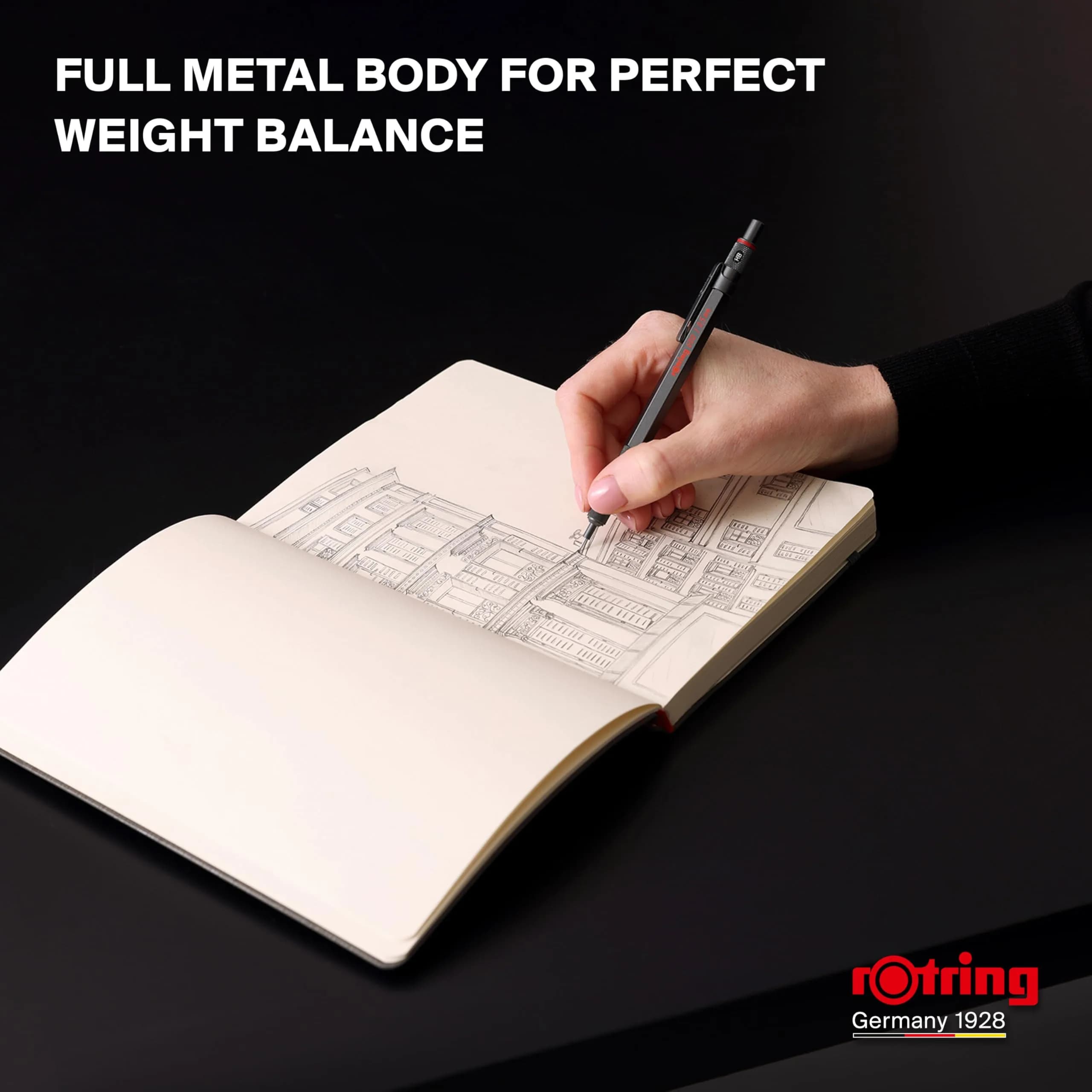 Rotring 600 Full-Metal Body 0.7mm Mechanical Pencil, Black, for Precise Ruler-Based Drawing | Hexagonal Barrel Prevents Sliding - view 4