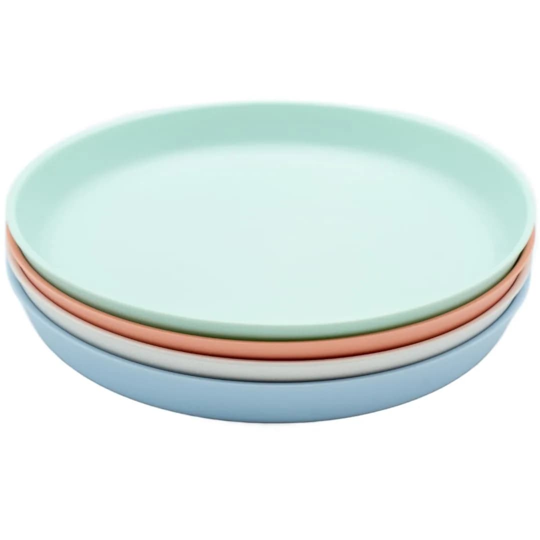 WeeSprout Bamboo Plates Set of 4 Kid-Sized Dinnerware | BPA-Free & Dishwasher Safe — Pastel Coral/Blue/Mint & Off White