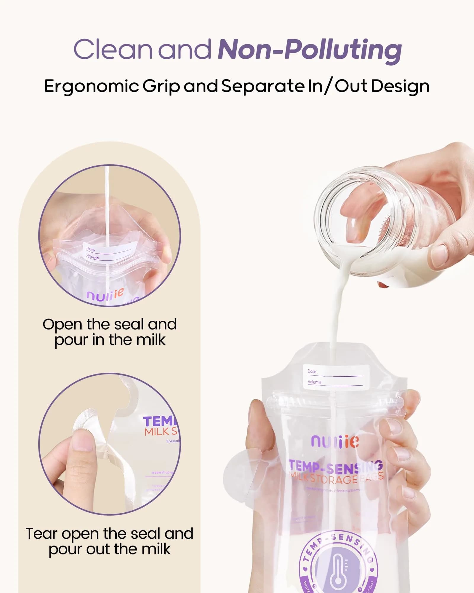 Nuliie Temp-Sensing Breastmilk Storage Bags 150 Count (6oz/177ml) | BPA-Free, Leak-Proof, Double Zipper with Magnetic Clip - view 5