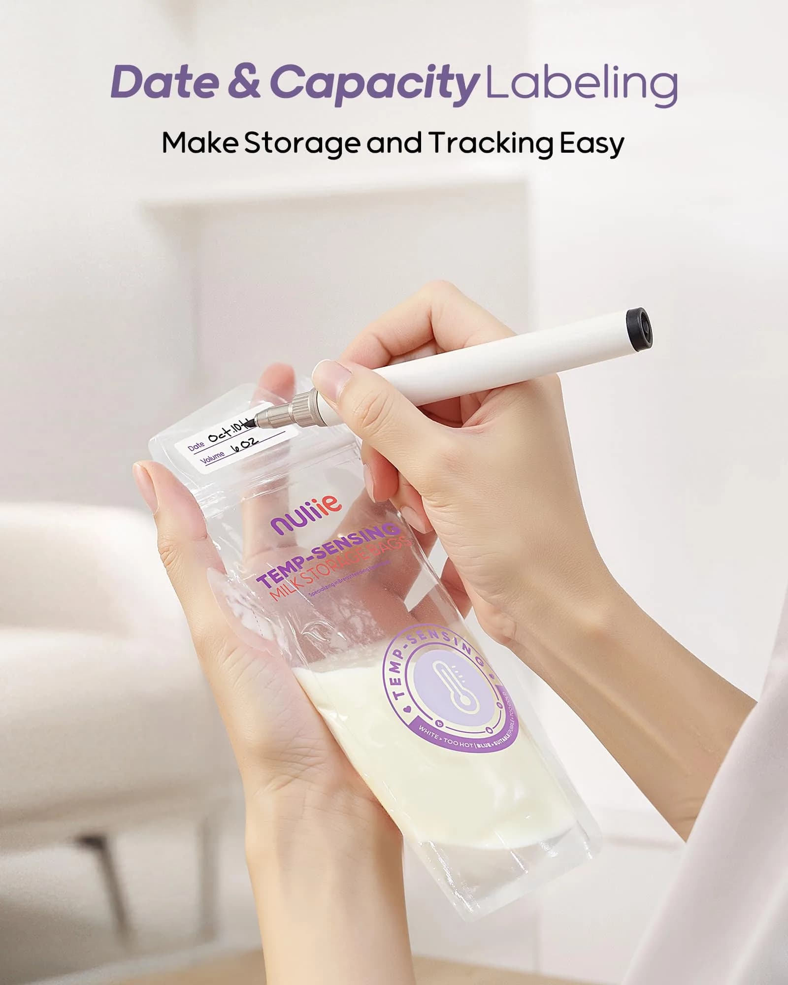 Nuliie Temp-Sensing Breastmilk Storage Bags 150 Count (6oz/177ml) | BPA-Free, Leak-Proof, Double Zipper with Magnetic Clip - view 7