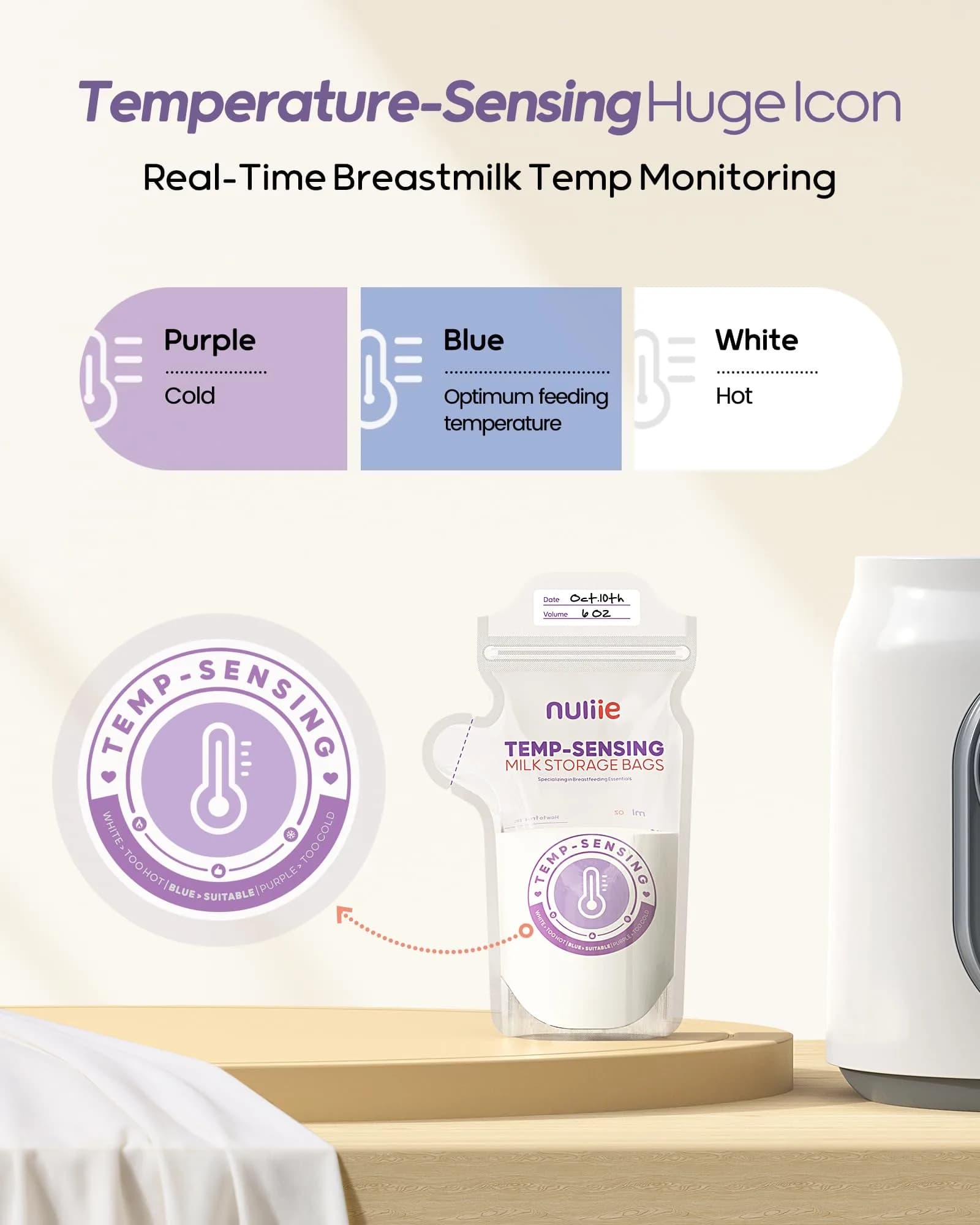 Nuliie 150 Count Temp-Sensing Breastmilk Storage Bags - 6oz Freezer Safe with Locking Clamp & Pour Spout - view 3
