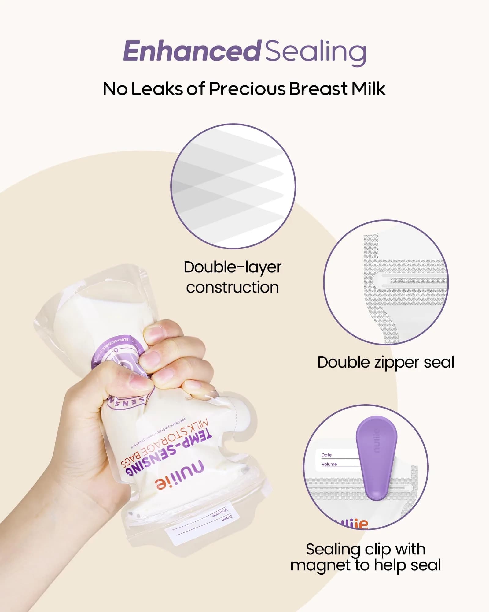 Nuliie 60 Count Temp-Sensing Breastmilk Storage Bags | 6oz Freezer Safe with Locking Clamp & Pour Spout - view 4