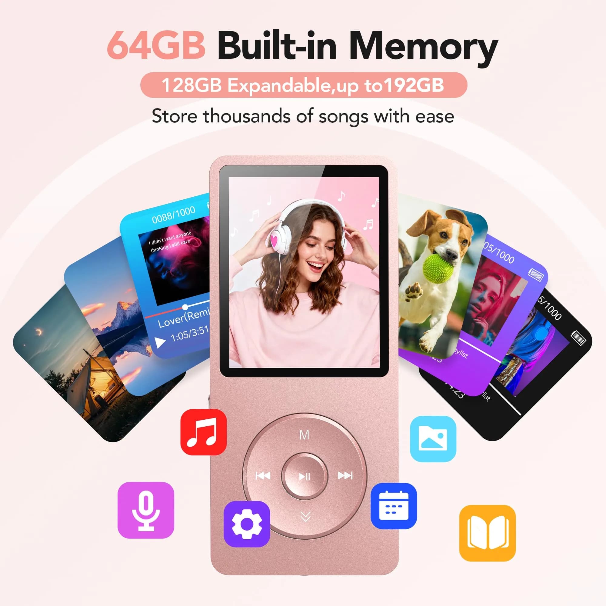 AGPTEK A02S MP3 Player 64GB Rose Gold | 70-Hour Playback Lossless Sound - view 3
