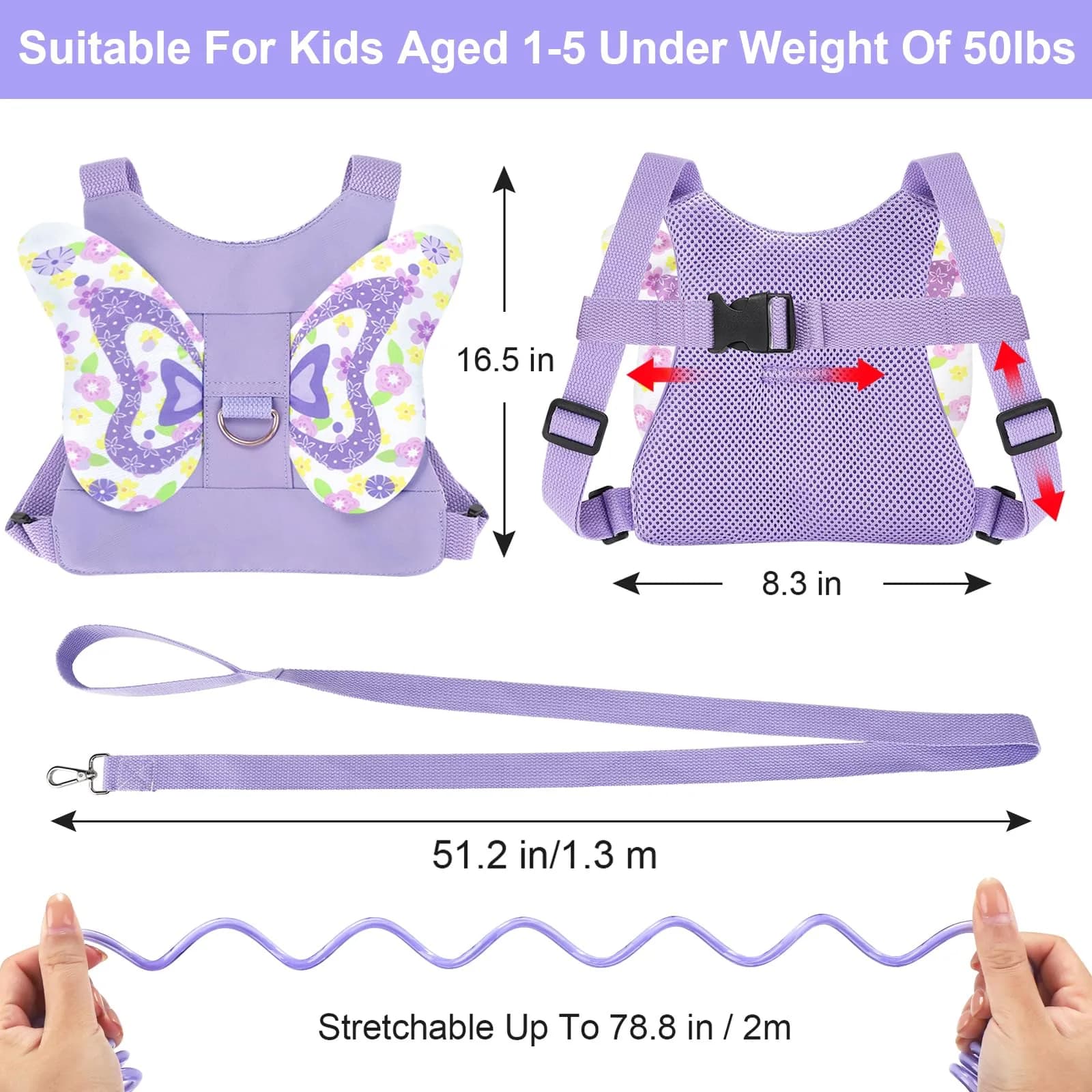Accmor Light Purple/Love Butterfly Toddler Harness Leash with Anti-Lost Wrist Link for Girls - view 2