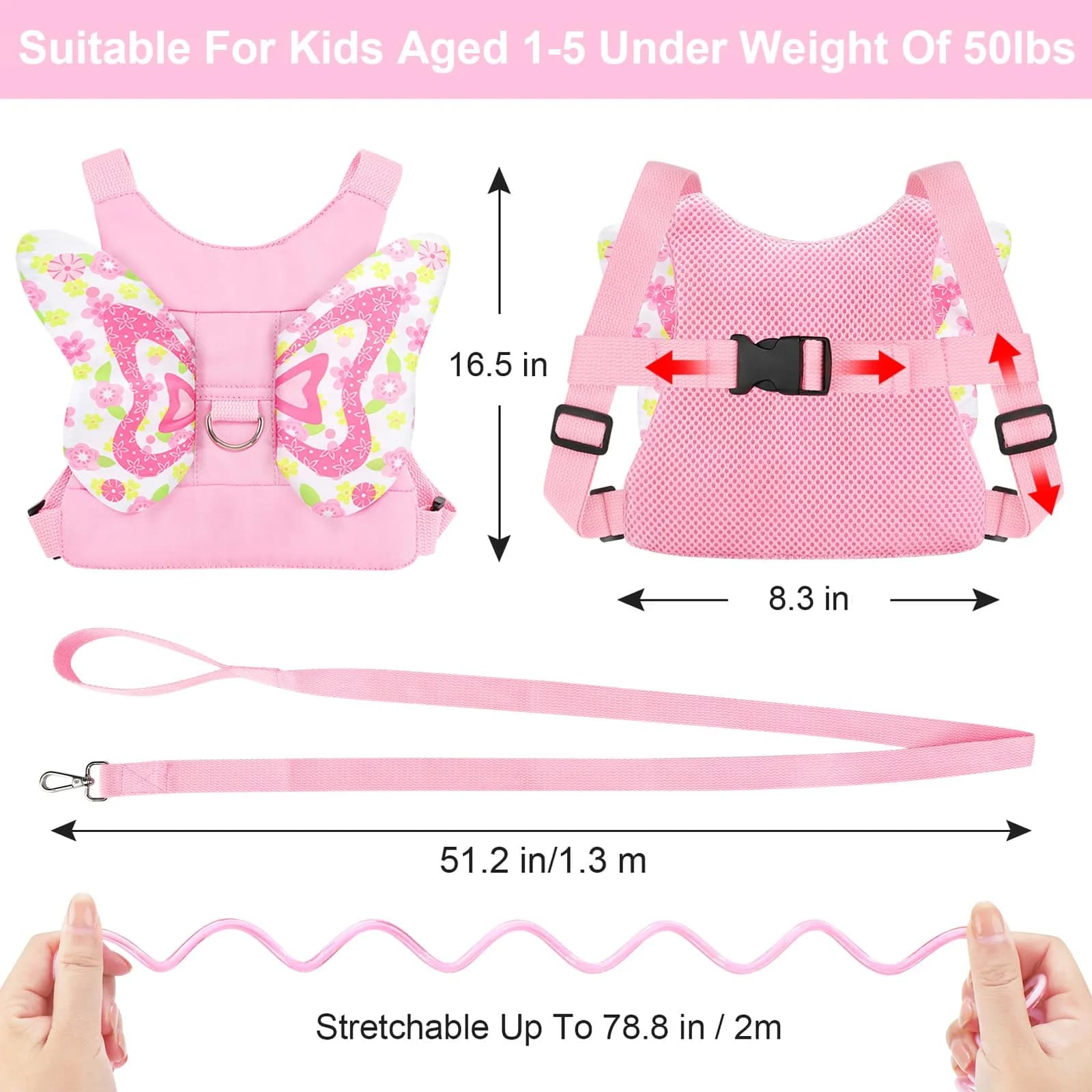 Accmor Butterfly Toddler Harness Leash with Wrist Link (Mini, Light Pink/Love) | 3-in-1 Safety & Independence - view 2