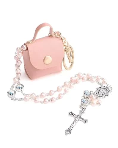 DERAKUS Rosary Beads Catholic for Women Pearls Pink | Portable Religious Prayer Accessory thumbnail 1