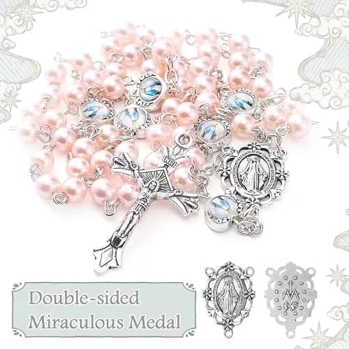 DERAKUS Rosary Beads Catholic for Women Pearls Pink | Portable Religious Prayer Accessory thumbnail 2