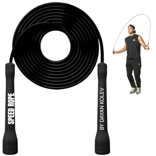 SwissSkip Speed Jump Rope by Dayan Kolev | Adjustable PVC Skipping Rope for Fitness & Cardio (Black, 120in) thumbnail 1