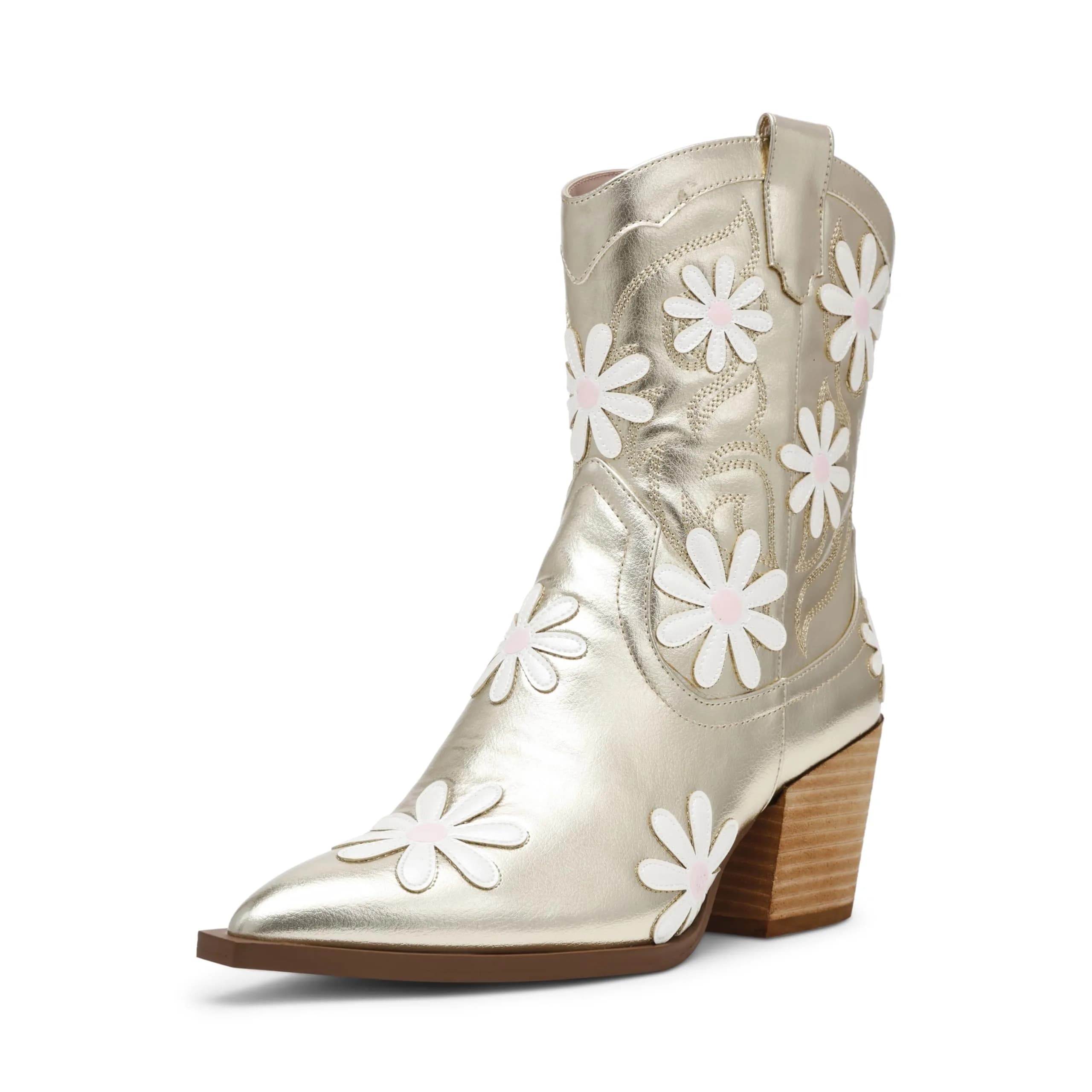 Betsey Johnson Teddyy Western Boot, Gold, 10 | Floral & Wood Heel Design