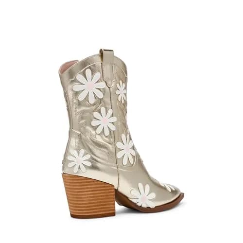 Betsey Johnson Teddyy Western Boot, Gold, 8.5 | Floral & Wood Heel Design thumbnail 3