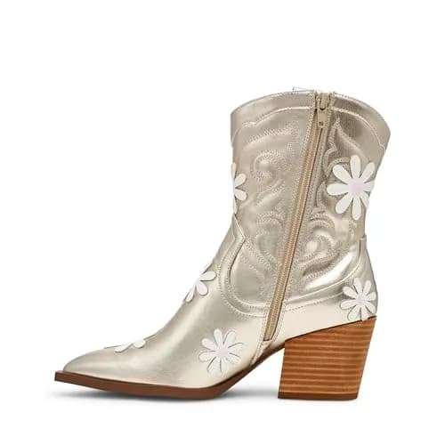 Betsey Johnson Teddyy Western Boot, Gold, 7.5 | Floral & Wood Heel Design thumbnail 2