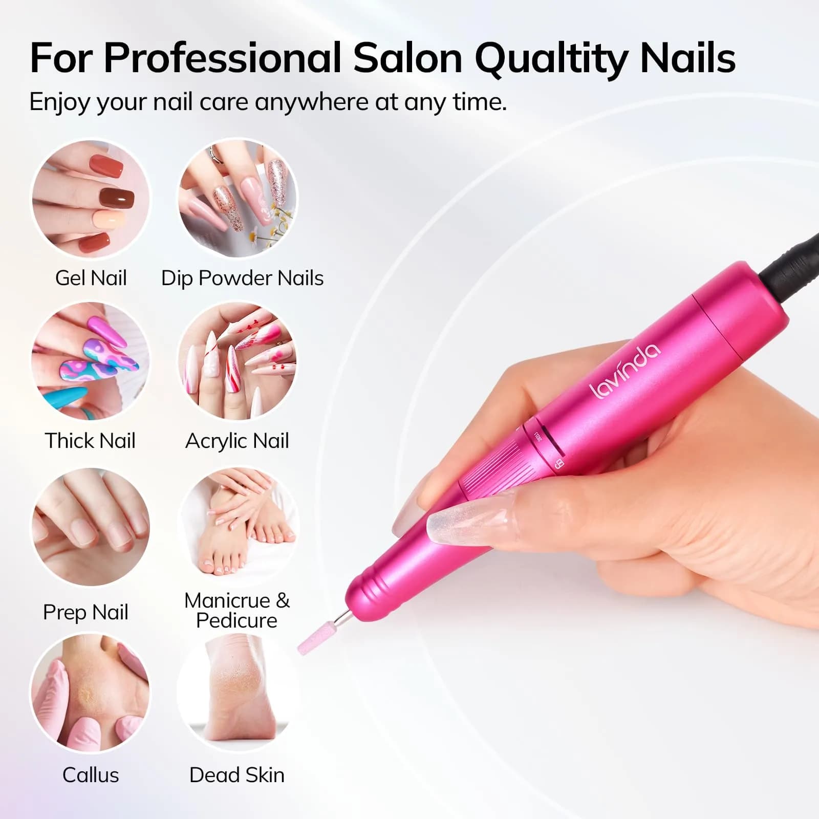 Lavinda Professional Nail Drill 35000 RPM Cordless Rechargeable Efile for Acrylic Gel Nails, Viva Magenta (35000 RPM) - view 2