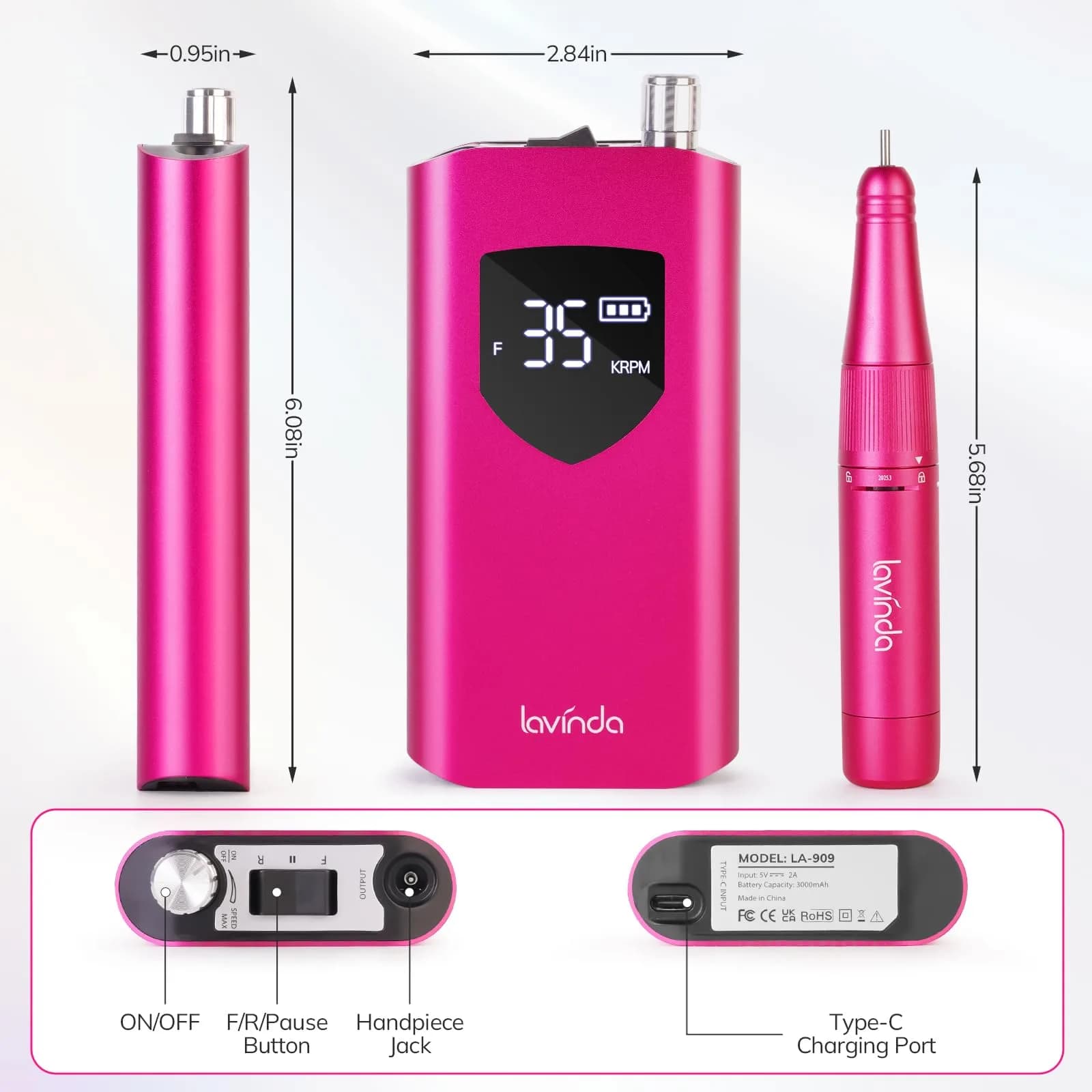 Lavinda Professional Nail Drill 35000 RPM Cordless Rechargeable Efile for Acrylic Gel Nails, Viva Magenta (35000 RPM) - view 6