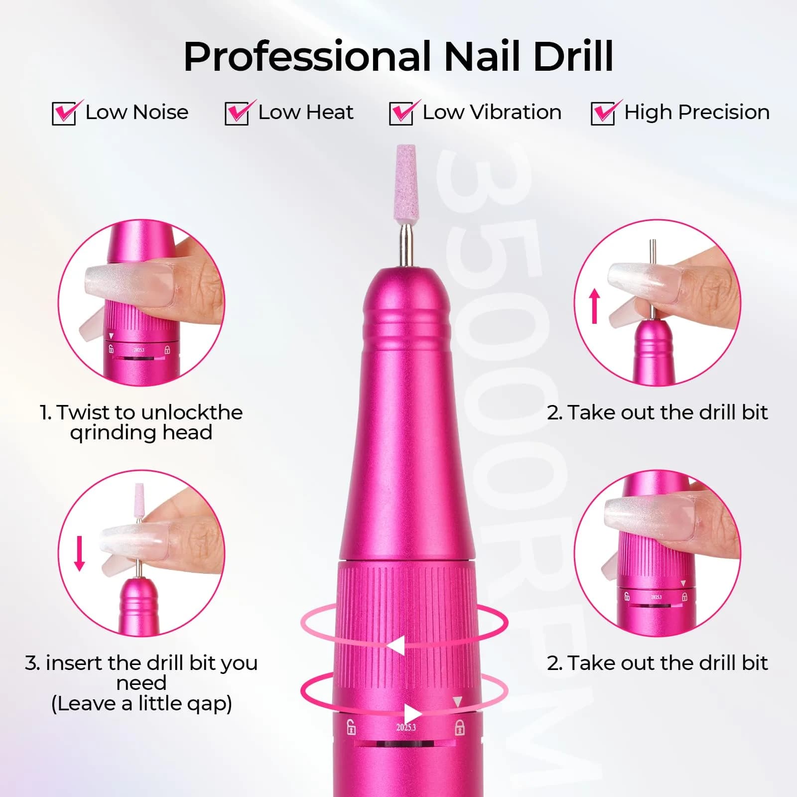 Lavinda Professional Nail Drill 35000 RPM Cordless Rechargeable Efile for Acrylic Gel Nails, Viva Magenta (35000 RPM) - view 7