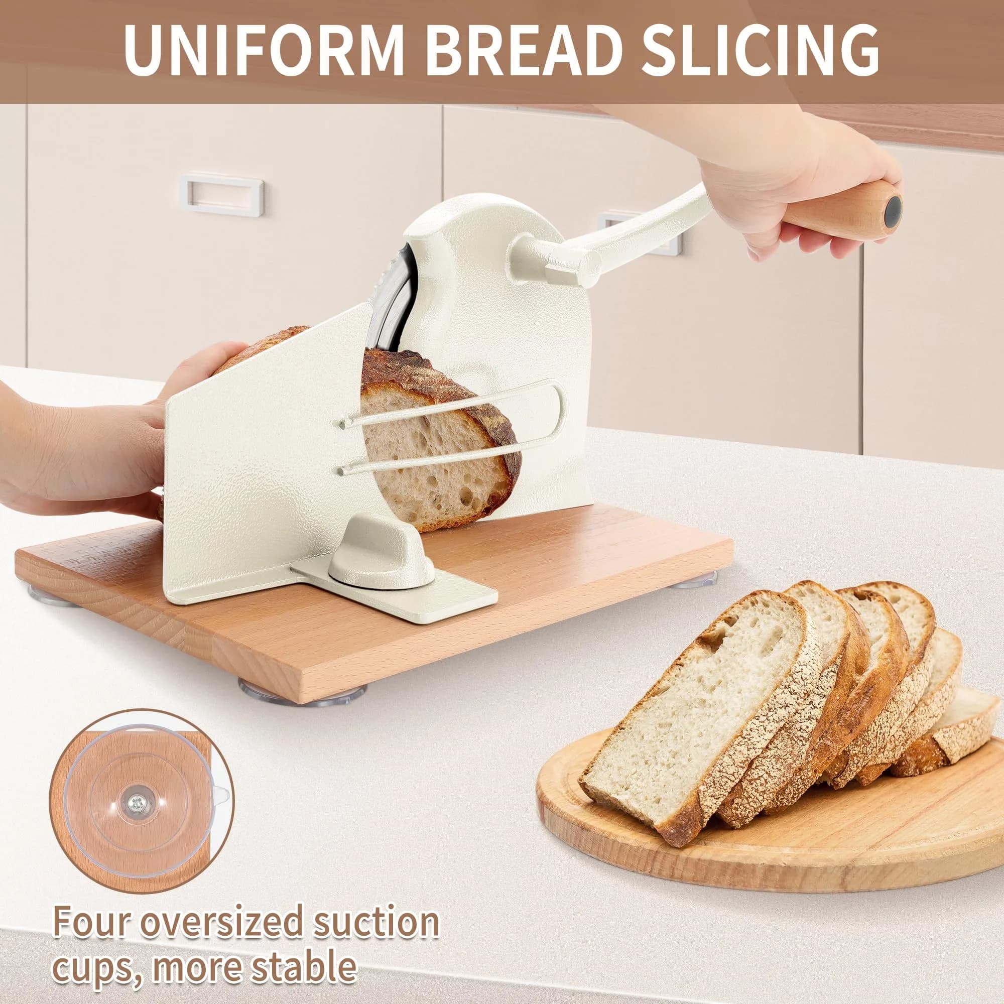 CAWIU Sourdough Bread Slicer, Manual Bread Cutter with Hand Crank, Cream | Adjustable Thickness 2.3cm (0.9 inches) - view 5