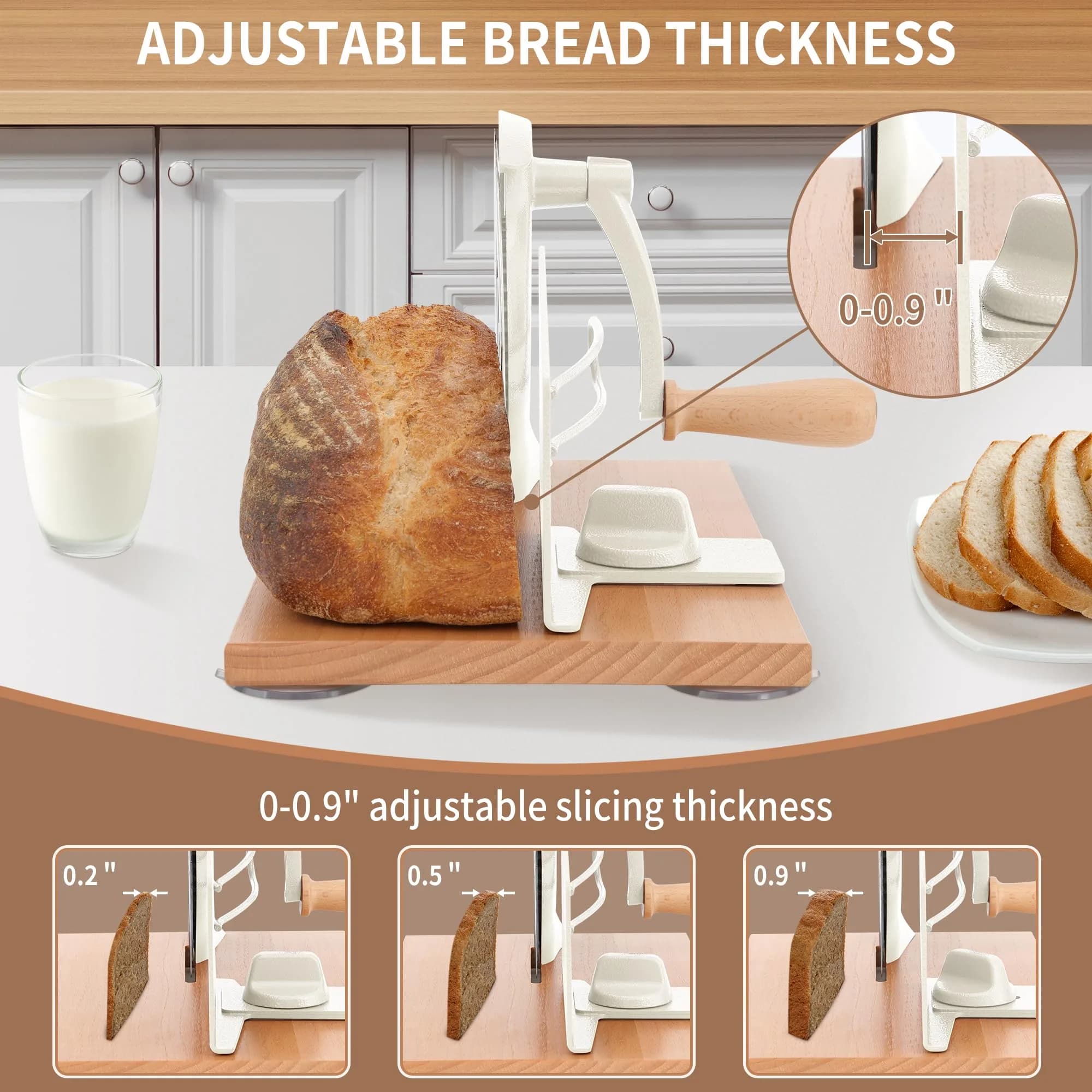 CAWIU Sourdough Bread Slicer, Manual Bread Cutter with Hand Crank, Cream | Adjustable Thickness 2.3cm (0.9 inches) - view 2
