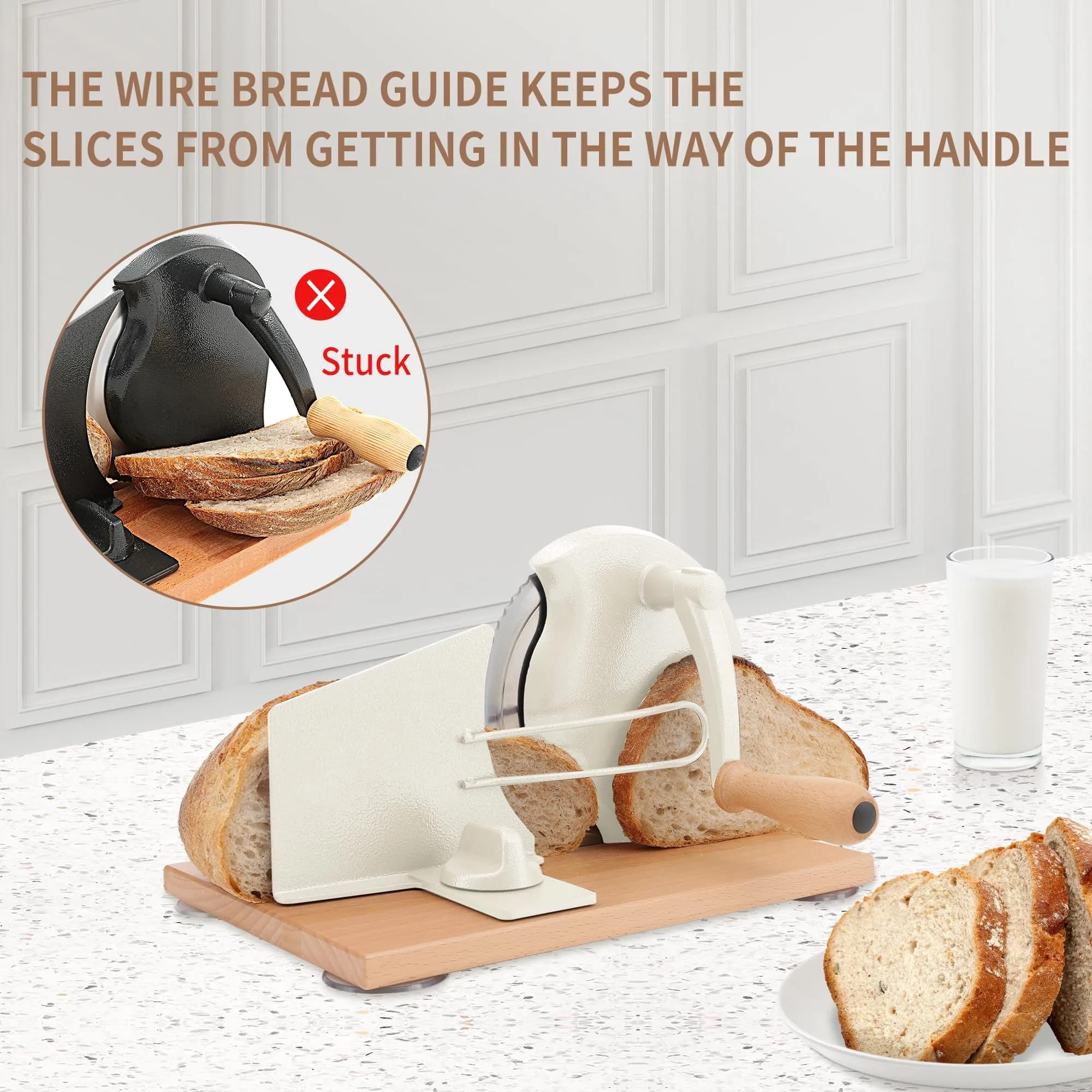 CAWIU Sourdough Bread Slicer, Manual Bread Cutter with Hand Crank, Cream | Adjustable Thickness 2.3cm (0.9 inches) - view 3