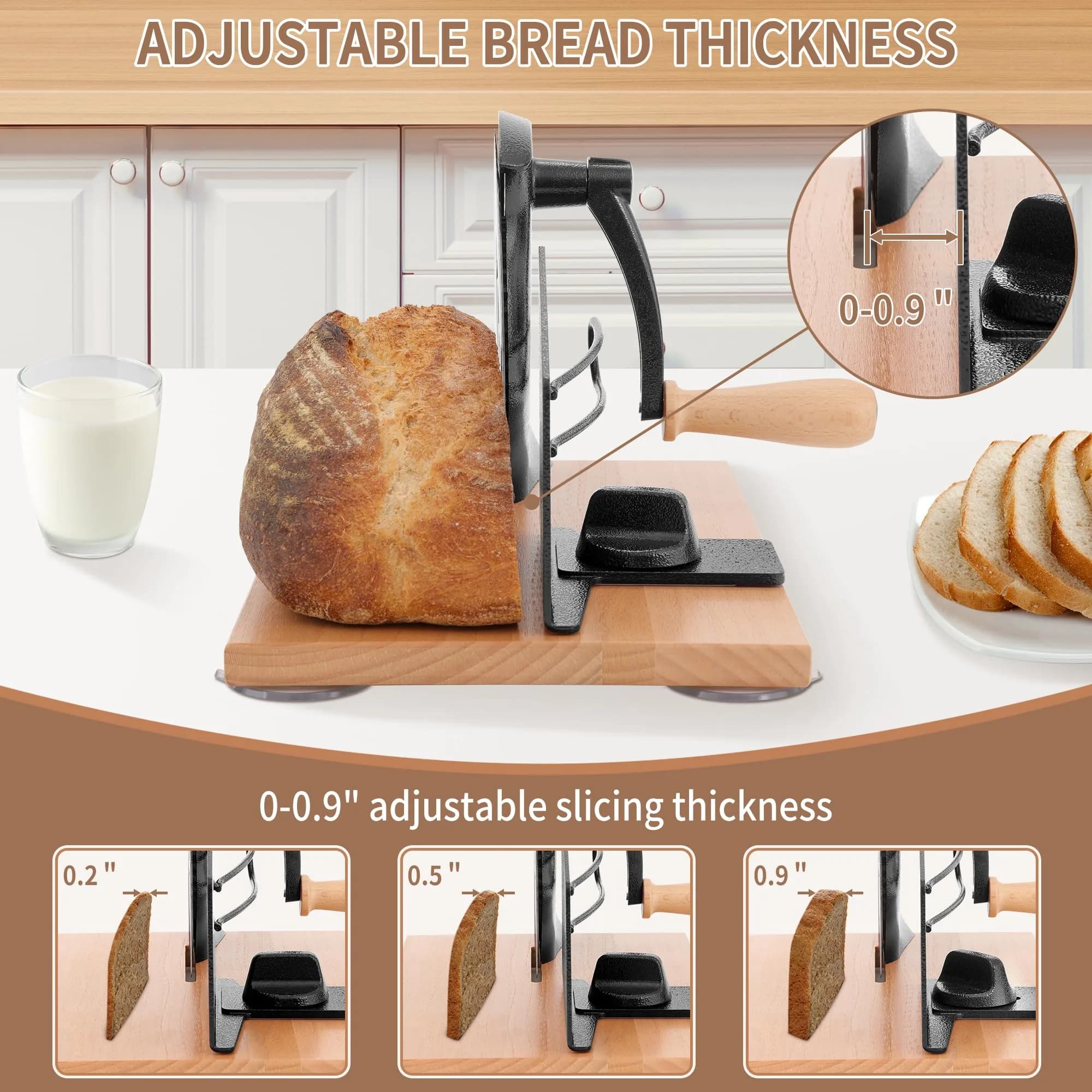 CAWIU Sourdough Bread Slicer, Manual Bread Cutter with Hand Crank, Black | Adjustable Thickness 23mm (0.9 inch) - view 2