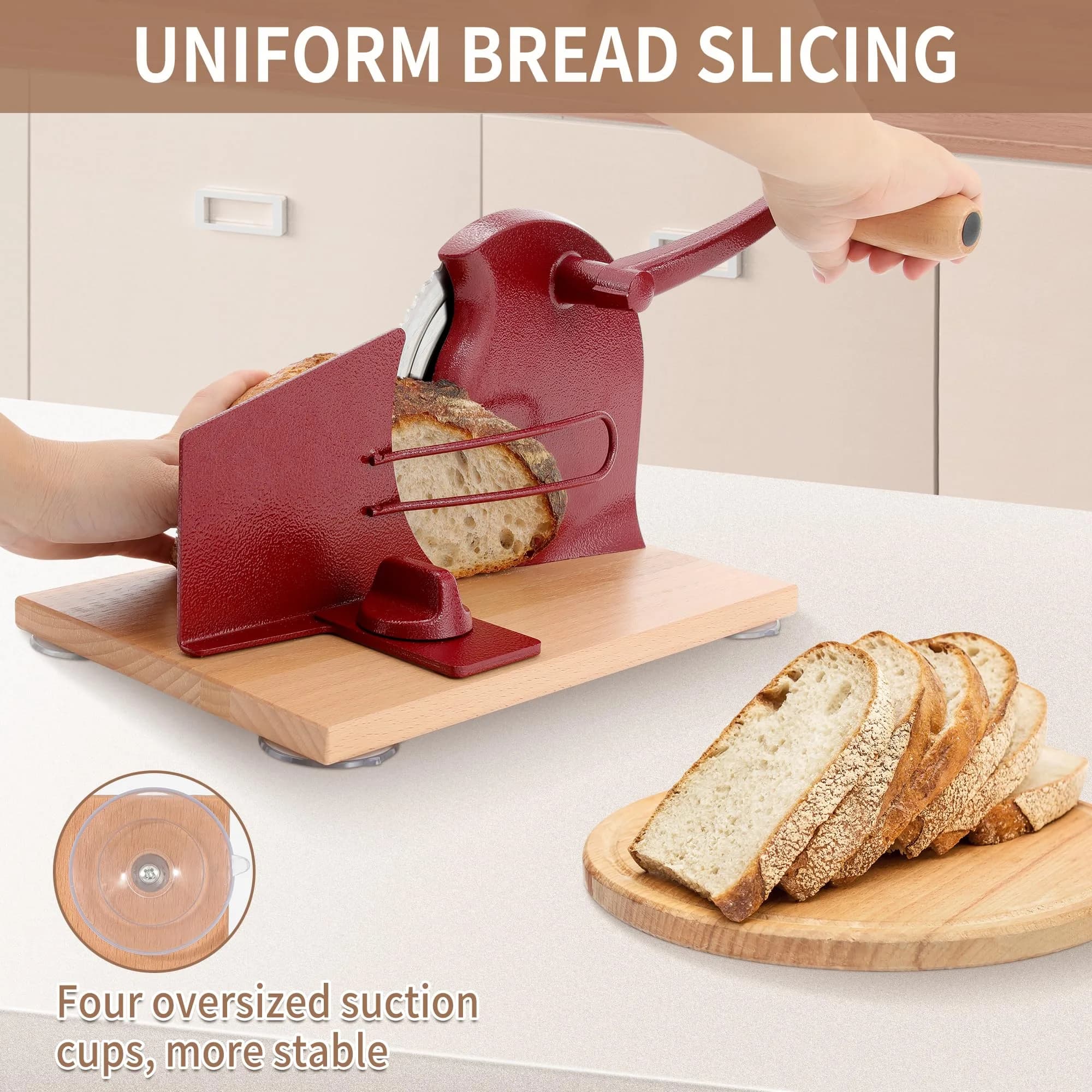 CAWIU Red Manual Sourdough Bread Slicer 16.5cm (6.5 inch) Blade | Adjustable Thickness Cutter with Hand Crank - view 5